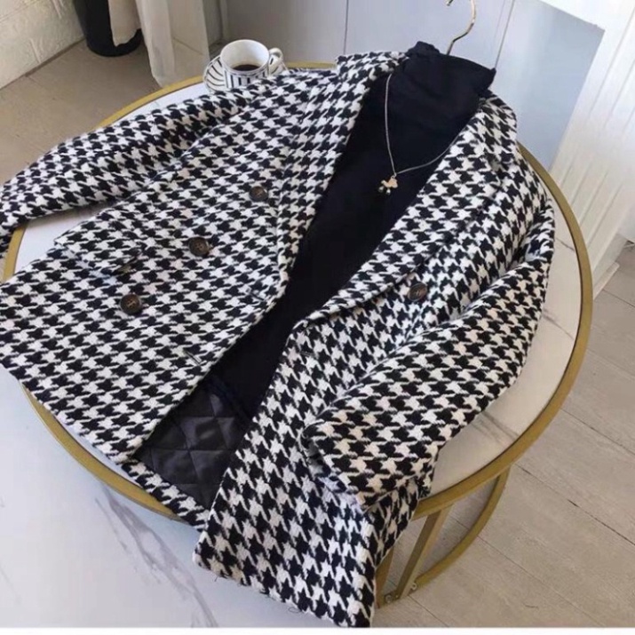 Áo khoác/ Áo dạ phối màu đen trắng kèm belt túi kẻ xinh xắn dành cho nữ