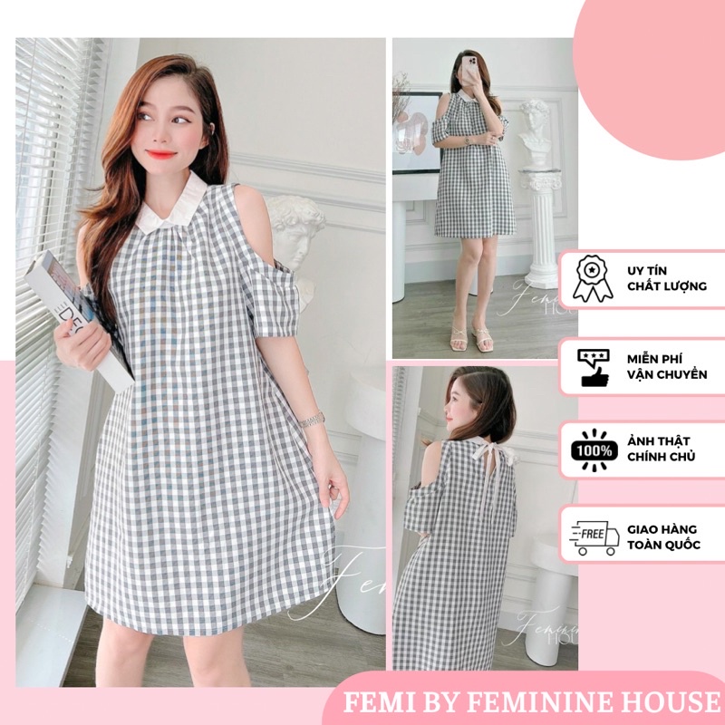 Đầm Caro Rớt Vai, đầm cổ đức, đầm cổ sơmi diện đi làm đi chơi