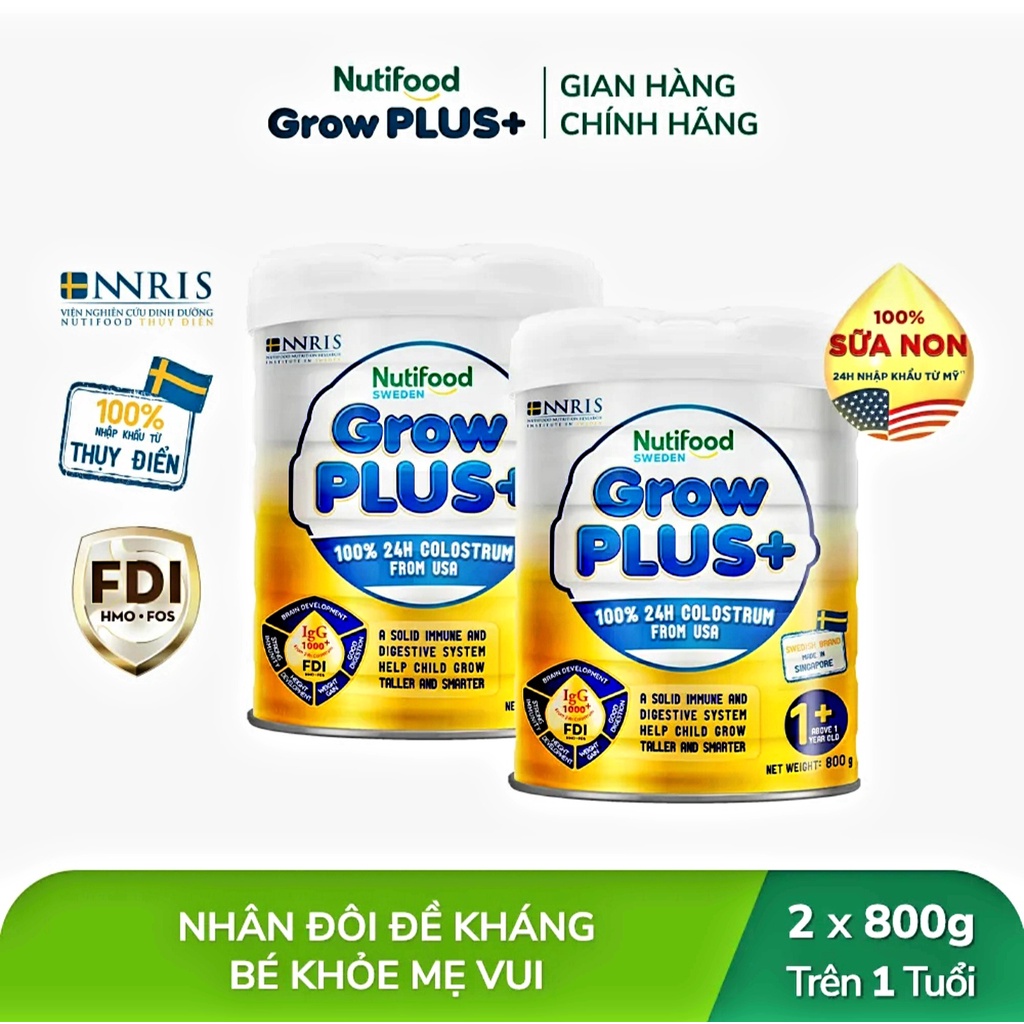 [HSD T1-2025] COMBO 2 LON Sữa Bột Nutifood GrowPLUS+ Trên 1 Tuổi 800g [Sữa Non Vàng].