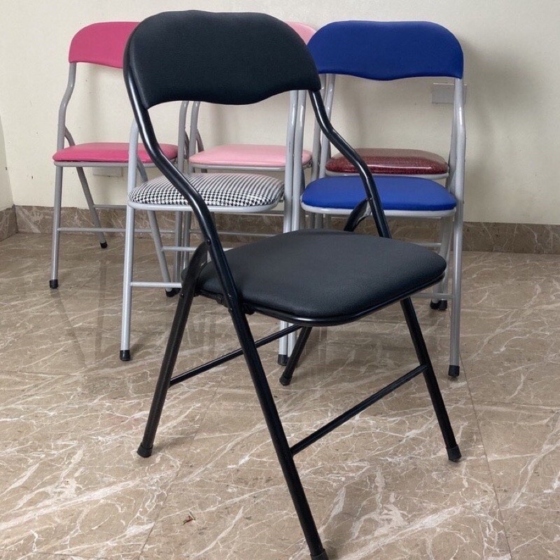 Ghế gấp gọn văn phòng bọc da, ghế ngồi học có tựa lưng chân inox, sơn tĩnh điện, đệm màu xanh và caro