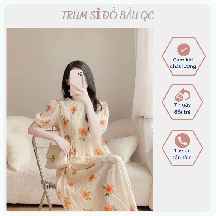 Đầm bầu, Đầm thiết kế, Đầm hoa dáng dài suông chất vải đũi hàn mềm nhẹ thoáng mát