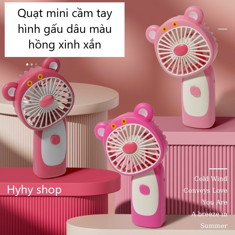 QUẠT MINI GẤU DÂU - Quạt tích Điện cầm tay gấu hồng kèm dây sạc tiện lợi đi học, đi làm, dã ngoại