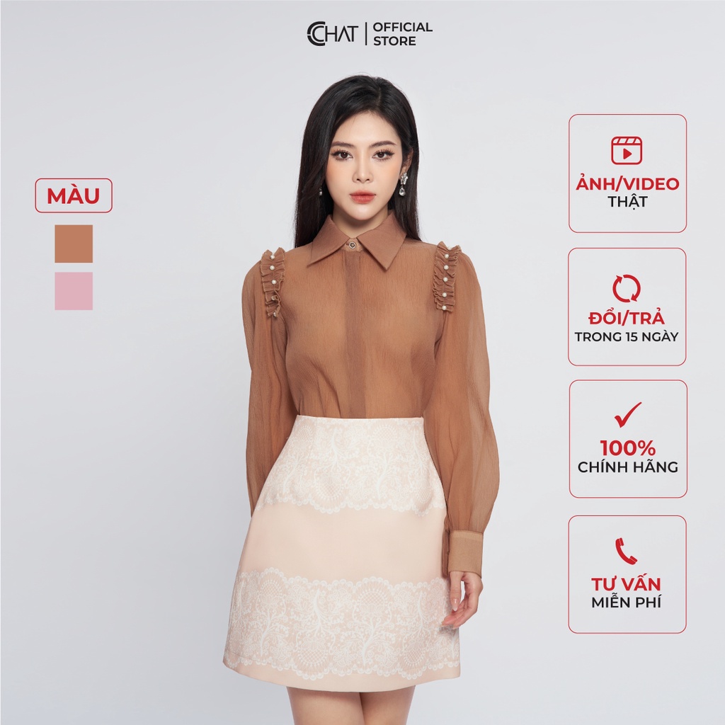 Áo Kiểu Nữ 𝐂𝐂𝐇𝐀𝐓 Sơ Mi Bèo Vai Chỉ Nổi Cổ Đức Chất Liệu Voan Cao Cấp 13FDV2007ST