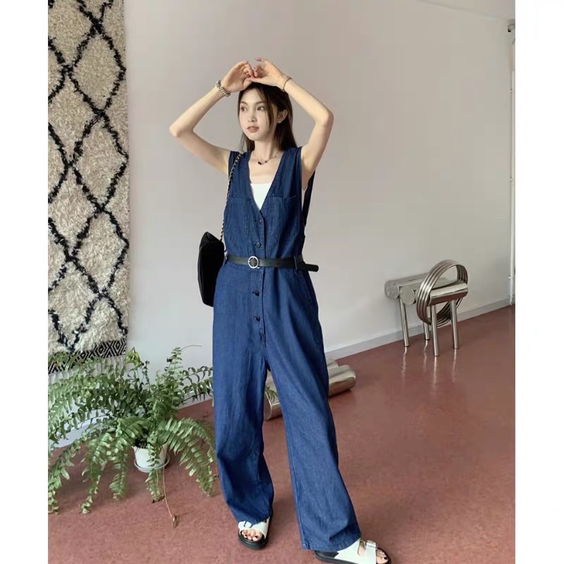 Yếm bò jumpsuit thắt eo có kèm thắt lưng yếm bò dài