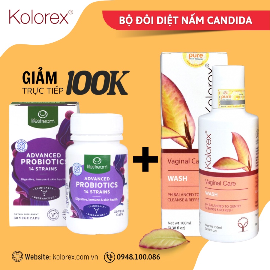 Bộ đôi diệt nấm candida: Gel rửa Kolorex Vaginal Care Wash và Men Vi Sinh Advanced Probiotics
