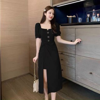 Đầm váy freesize đen cổ vuông xoắn eo