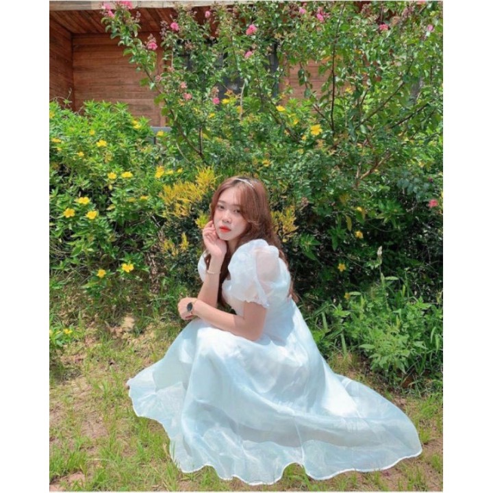 Đầm xòe tay phồng phối nút ngực chất tơ xinh váy nữ tiểu thư trễ vai cổ vuông xinh xắn Hàn Quốc