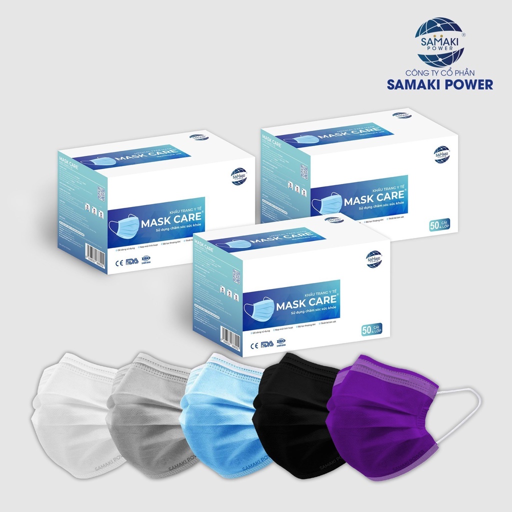 Khẩu trang y tế SAMAKI POWER 4 lớp (5 màu: Trắng, xanh, xám, đen, tím)– hộp 50 cái