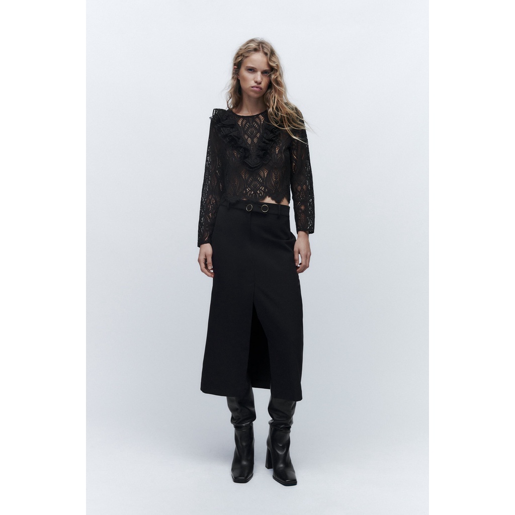 ZARA Đức - Áo kiểu dài tay ren cổ tròn bèo nhún xuyên thấu gợi cảm màu đen sale auth new cao cấp có sẵn 8741/254