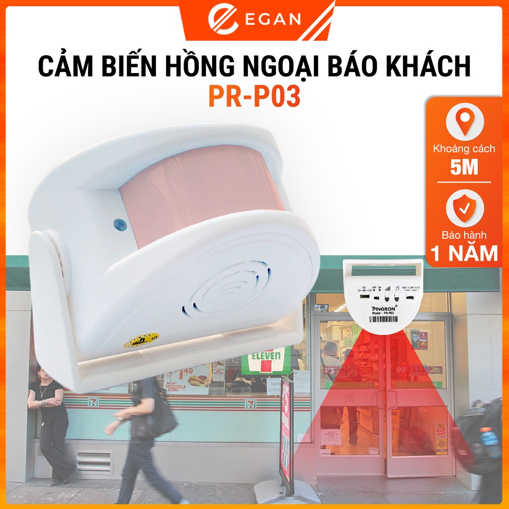Chuông báo khách hồng ngoại tích hợp báo động chống trộm PINGRON PR-P03 - 26 kiểu chuông và khoảng cách quét đến 5M