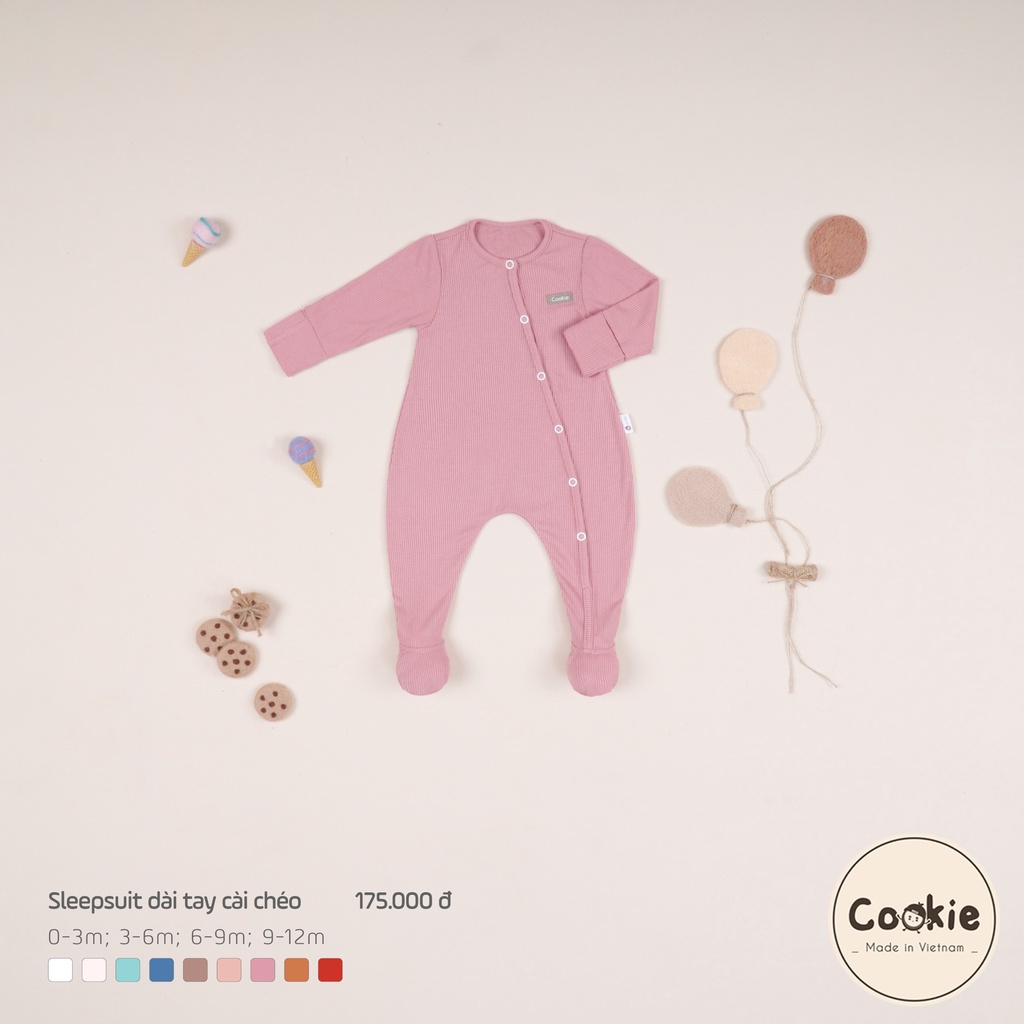 [COOKIE] Bộ Sleepsuit cho bé dài tay cài chéo liền tất & bao tay size 0-3m, 3-6m, 6-9m, 9-12m