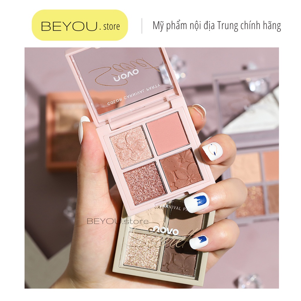 Bảng Phấn Mắt Novo 4 Ô, Màu Lì Và Nhũ Màu Sắc Tự Nhiên, Bền Màu Lâu Trôi, Phấn Makeup Mắt Novo