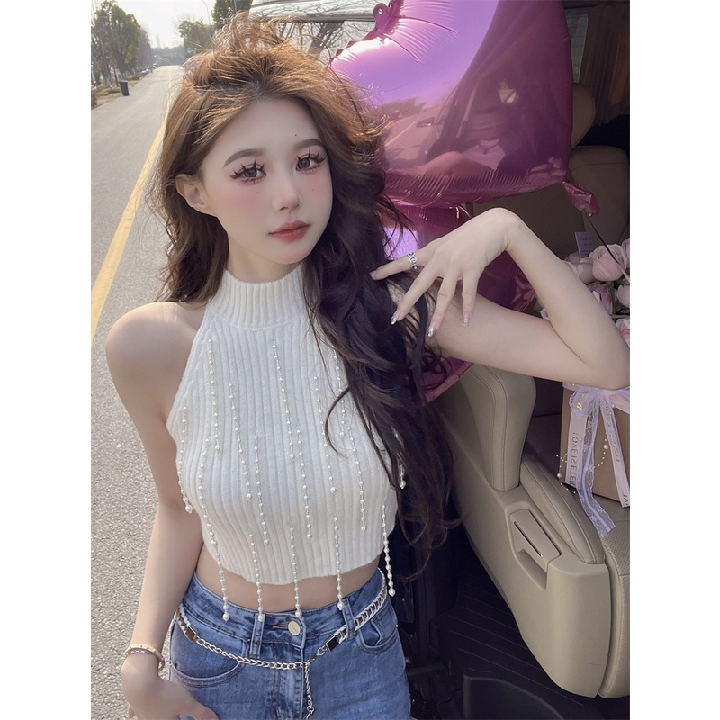 QADCOL Áo Dệt Kim Sát Nách Phối Dây Xích Đính Hạt Ngọc Trai Thời Trang Xuân Hè Cho Nữ