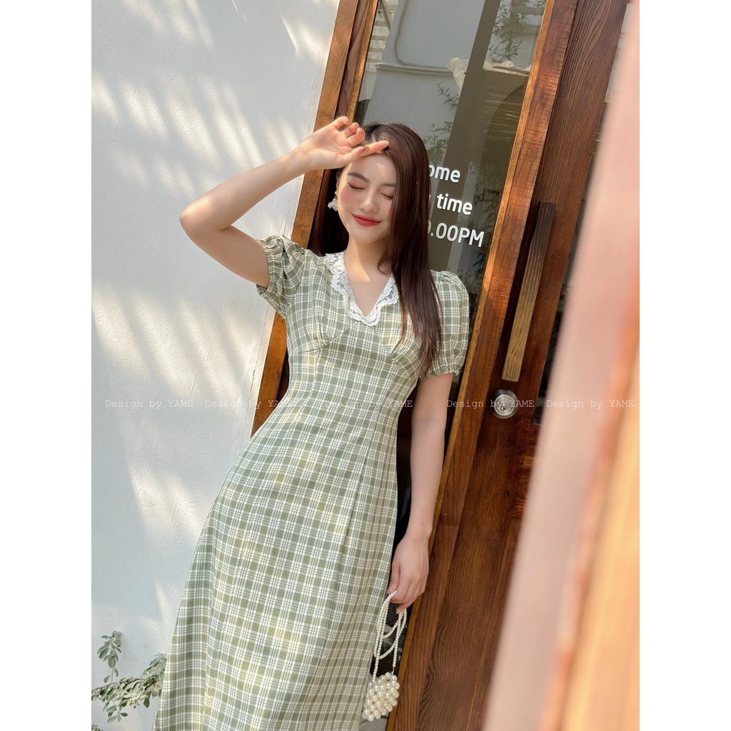 Váy kẻ dáng chữ A cổ V viền ren tay bồng chiết eo thanh lịch YV155 YAME
