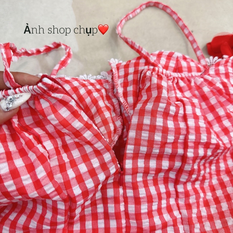 Set Đầm Cúp Khuôn Ngực Caro Sọc Viền Ren Kèm Quần Short Đùi Cùng Tone