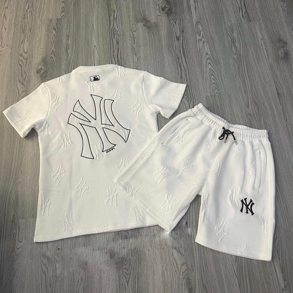 Bộ Hè Nam Cổ Tròn Phối NYY Vân Nổi 2 Mặt Cao Cấp, Chất Liệu Cotton Bozip Vân Dày Dặn Thoáng Khí