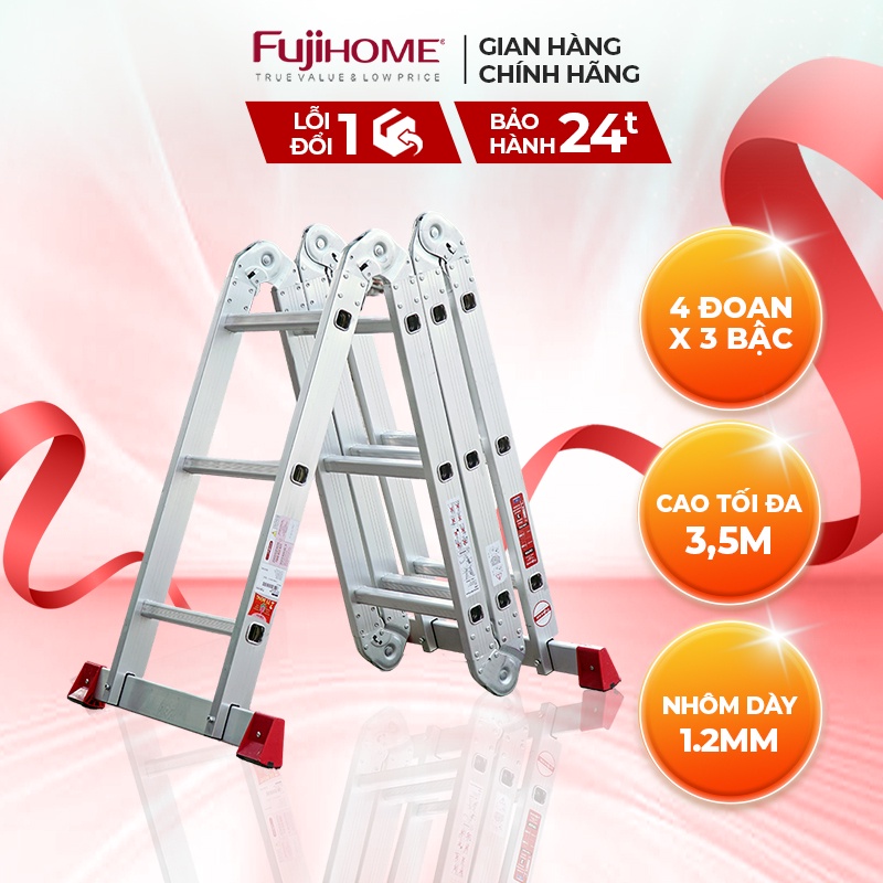 Thang nhôm gấp đa năng 4 đoạn nhập khẩu FUJIHOME ML104N gấp nhiều kiểu - chống trơn trượt - cao tối đa 4,5m