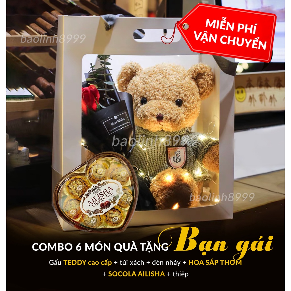 Gấu bông Teddy cao 30cm/ Túi đựng quà/ Dây đèn dễ thương/ Chocolate/ Hoa/ Thiệp