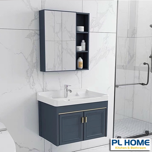 Bộ tủ chậu lavabo phòng tắm bằng nhôm màu xanh treo tường sang trọng
