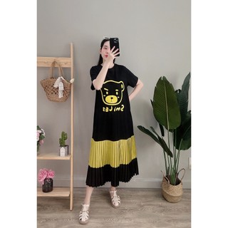 VÁY MIDI CỔ TRÒN HỌA TIẾT GẤU ĐUÔI CÁ XẾP LY TAY NGẮN 0VMD.01479