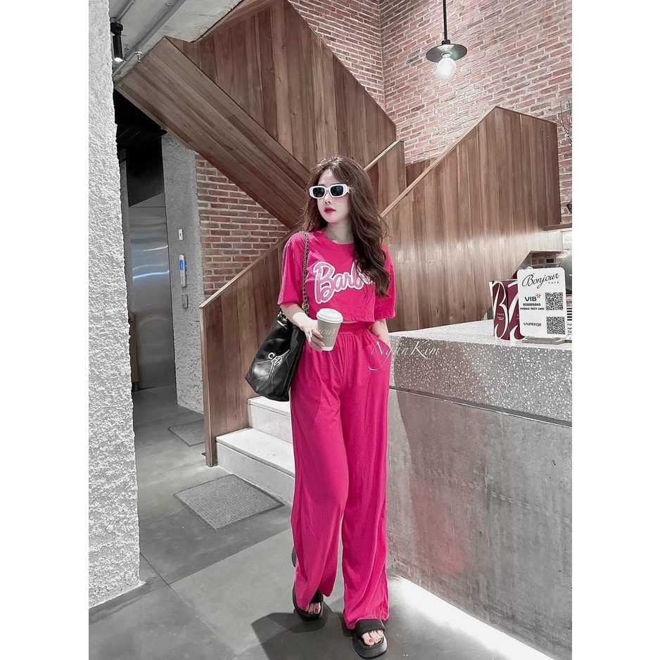 [4.4 Sales Freeship] Set bộ thun thể thao, set áo croptop tay ngắn in chữ babrie  mix quần dài ống suông rộng cá tính