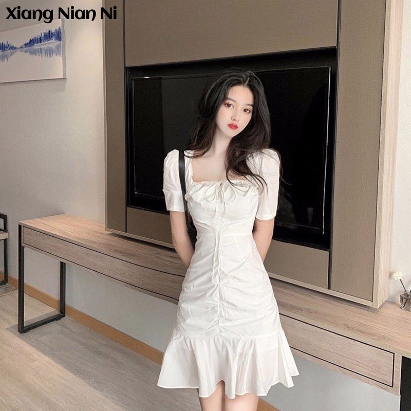 Xiang Nian Ni Đầm Đuôi Cá Ngắn Cổ Vuông Xếp Ly Ôm Eo Kiểu Pháp Thời Trang Mùa Hè 2023