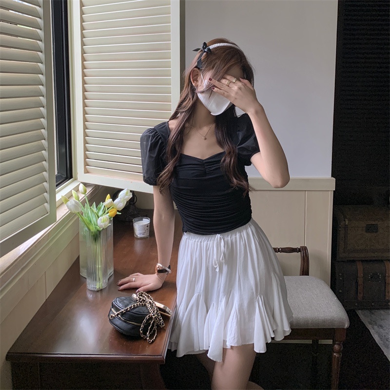 QADCOL Áo Lưới Tay Phồng Xếp Ly Ôm Dáng Màu Trơn Gợi Cảm Thời Trang Xuân Hè Cho Nữ