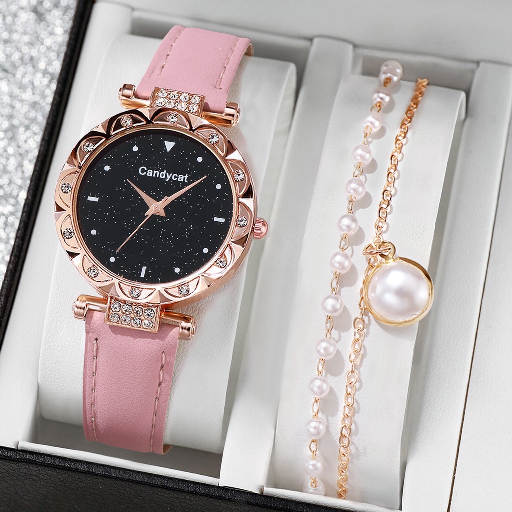 Đồng Hồ Quartz Nữ Mặt Đính Hột Xoàn Dây Da