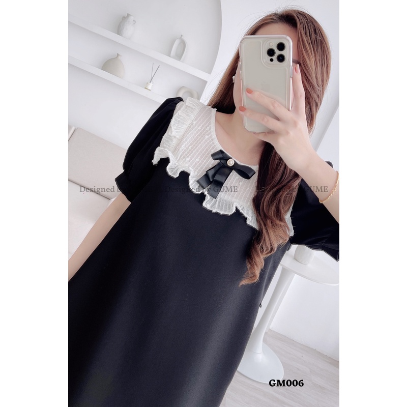 Váy bầu bigsize thiết kế công sở GuMe dáng chữ A phối cổ yếm nơ đen chất vải sạn lụa cao cấp dày dặn 40-100kg GM006