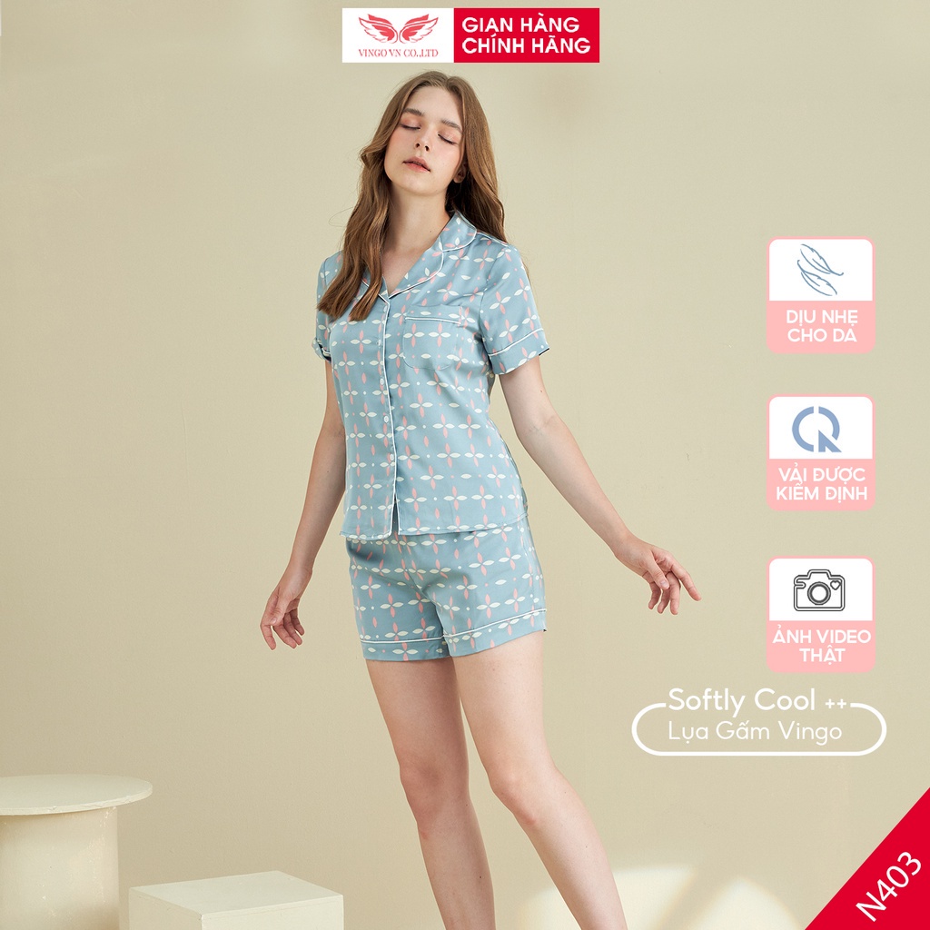Pijama lụa đồ bộ ngủ mặc nhà cao cấp mùa hè VINGO tay ngắn quần đùi hoa xanh nhạt dễ thương H807 VNGO