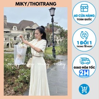Set Bộ Nữ Áo Croptop Kèm Chân Váy Midi, Áo Croptop Kiểu Cổ Vuông Tay Dài Chân Váy Xếp ly Siêu Sang
