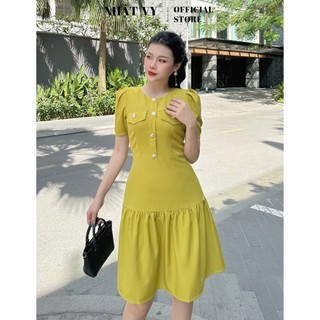 Đầm dự tiệc Nhật Vy tay ngắn cổ tròn đính cúc ngực phối đuôi cá dáng xoè chất lụa phù hợp công sở sang chảnh - D2607