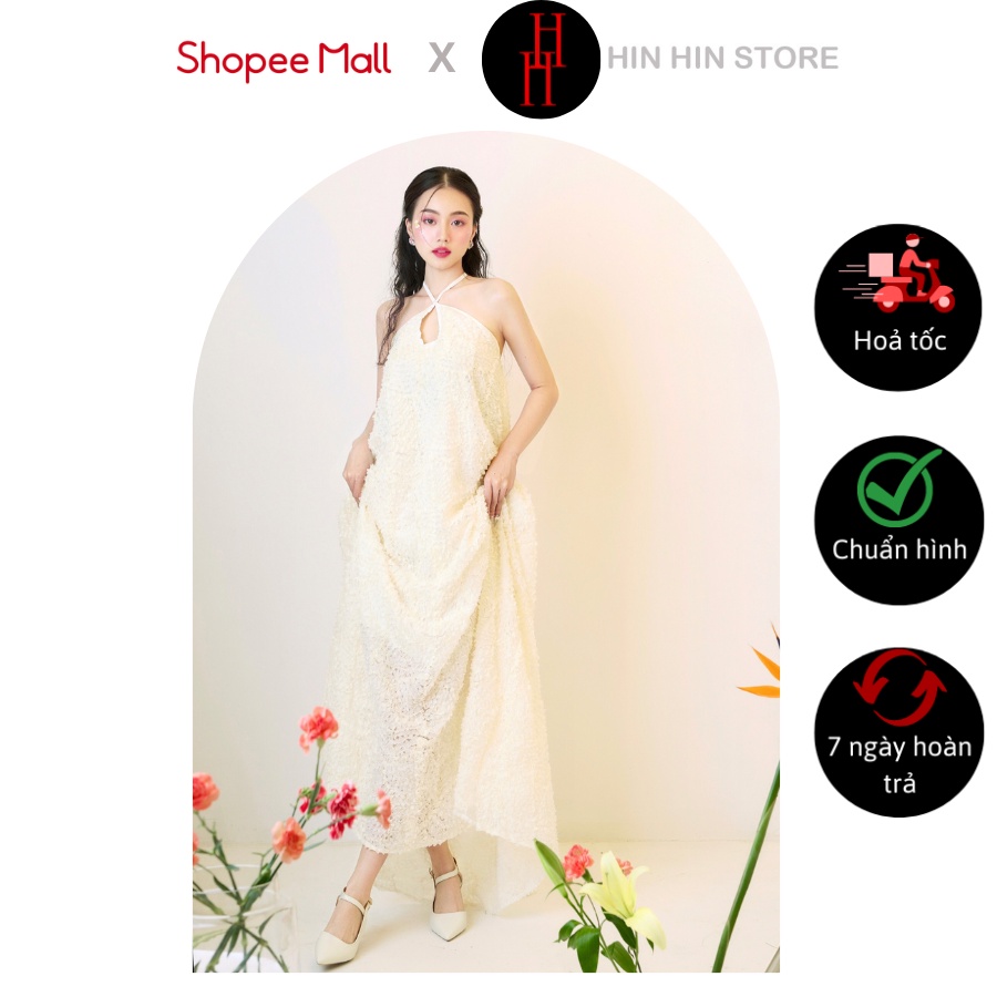 Đầm yếm suông dài ren nổi màu trắng be HDC110 Hin Hin Store