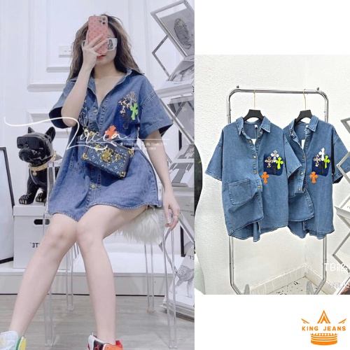 Áo Sơ Mi Bò Chữ Thập, Sơ Mi Jean Chữ Thập Tay Ngắn Dáng Rộng Hàn Quốc