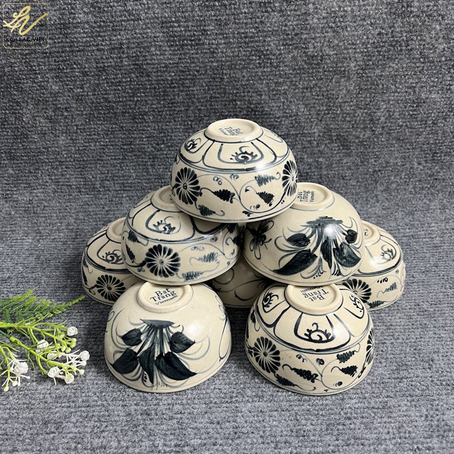 Bát cơm men rạn cổ họa tiết chàm chuồn khoai và cúc Gốm Nhà