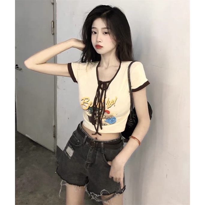 Áo thun croptop cổ tim cột dây [CÓ ẢNH THẬT] in logo BEERBRO phong cách retro chất thun cotton co dãn 4 chiều