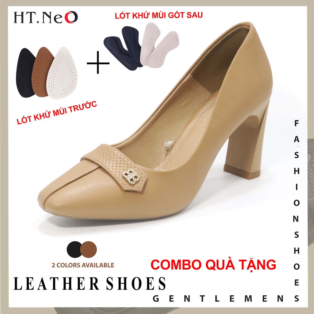 Giày nữ cao gót 8cm HT.NeO . Giày da bò nữ công sở mũi nhọn quai vắt ngang đính đá điệu đà sang trọng gót vuông GN9093