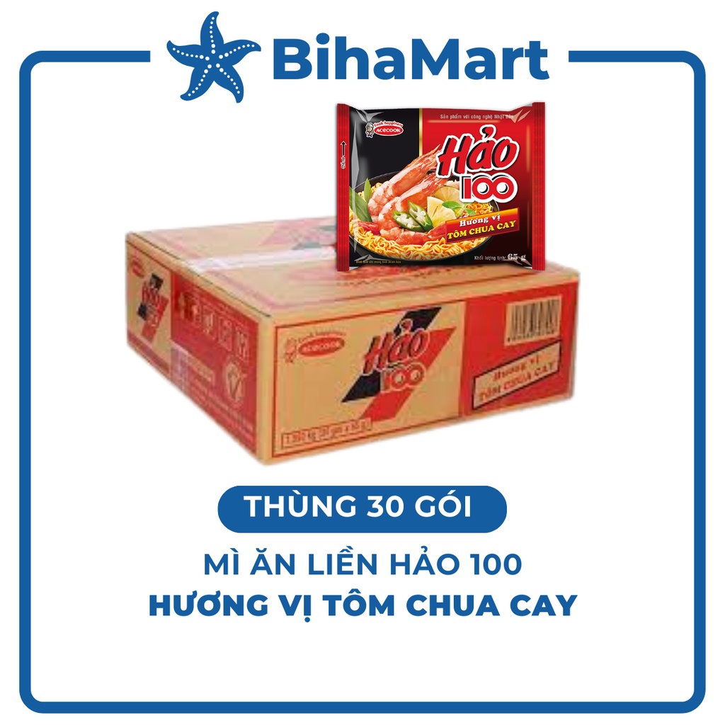 - ACECOOK - Hảo 100 hương vị Tôm Chua Cay (65g/gói) - Mì ăn liền Hảo 100 Tôm Chua Cay ngon Hảo Hảo