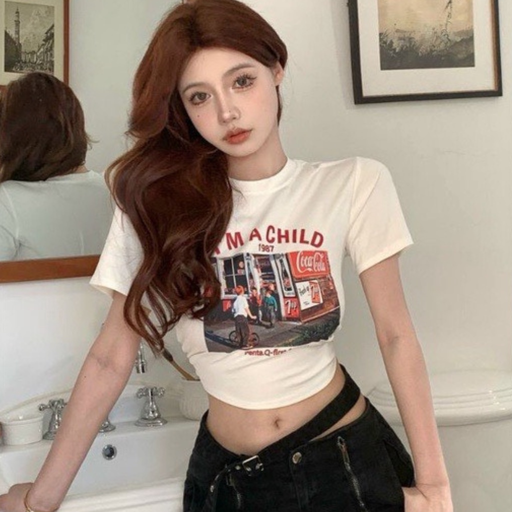 Áo Croptop I'M A CHILD RYSO FASHION dáng Ôm Body Nữ  Cổ Tròn Tay Ngắn Kiểu In Họa Tiết chất borip