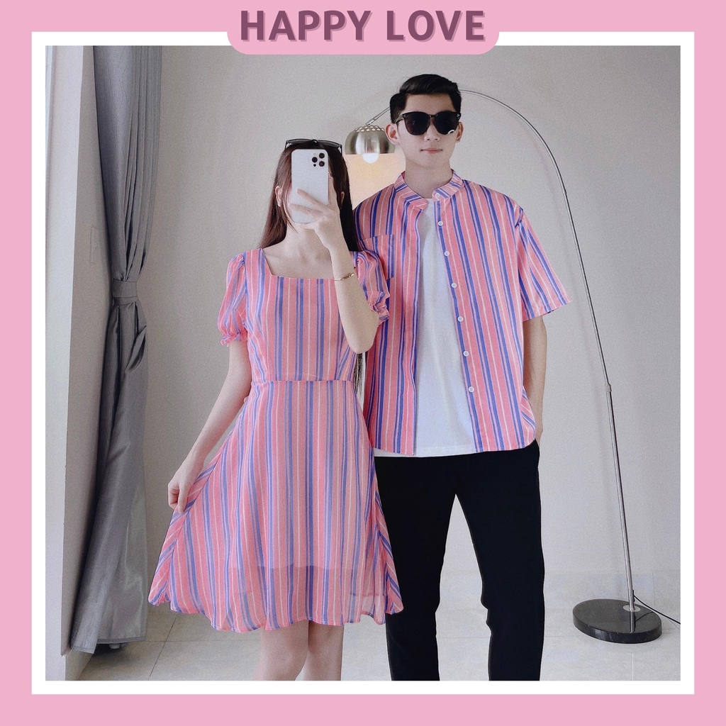 Set đồ đôi nam nữ HAPPYLOVE đồ cặp đôi áo sơmi nam váy nữ màu hồng hoạ