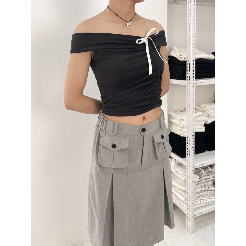 (SẴN-ẢNH THẬT) Váy lửng xếp ly túi hộp dáng chữ A dài đến gối phong cách Y2K