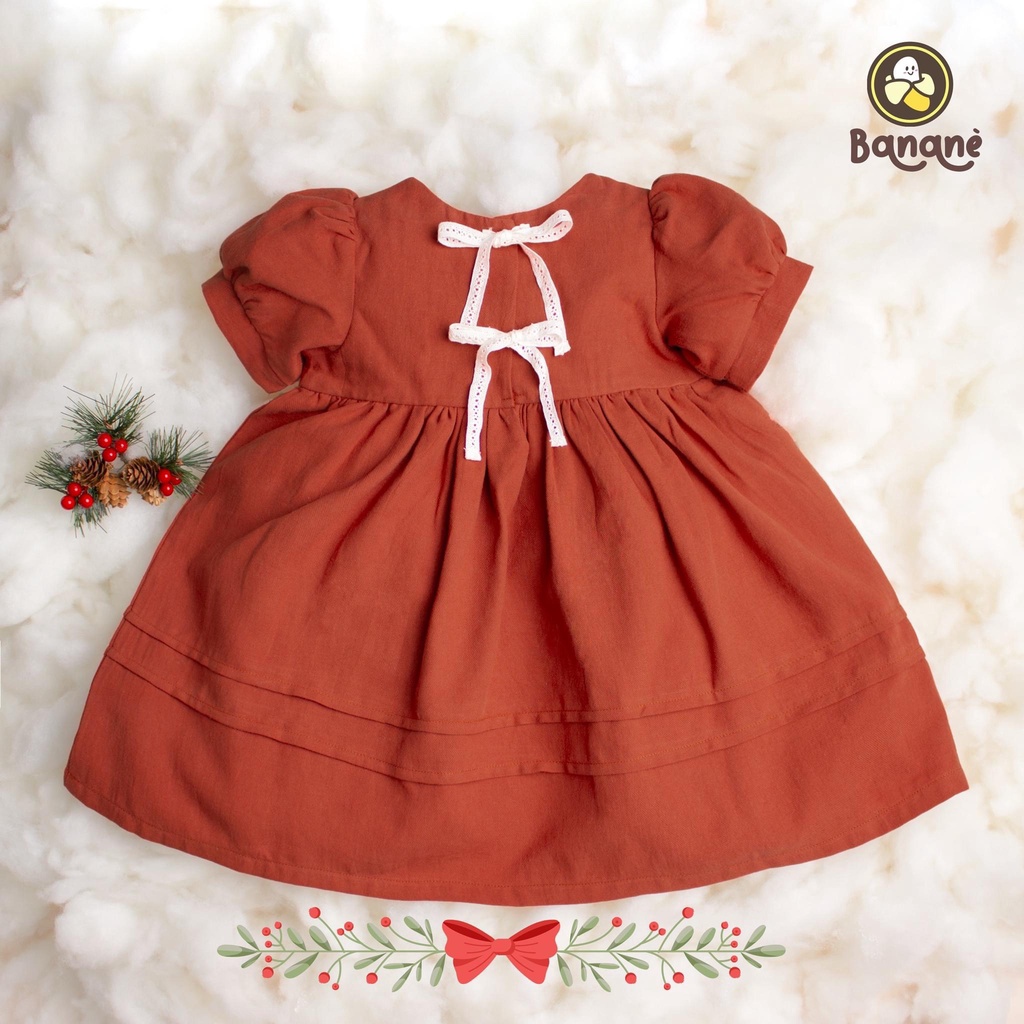 Đầm Sici đỏ cam cho bé gái Bananè Kids váy công chúa babydoll đính nơ xinh yêu - D05D