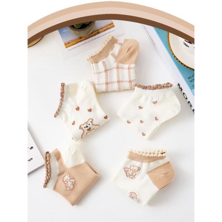 Set 10 tất vớ cổ ngắn nữ hình gấu kem cổ nhúm phong cách hàn quốc cao cấp