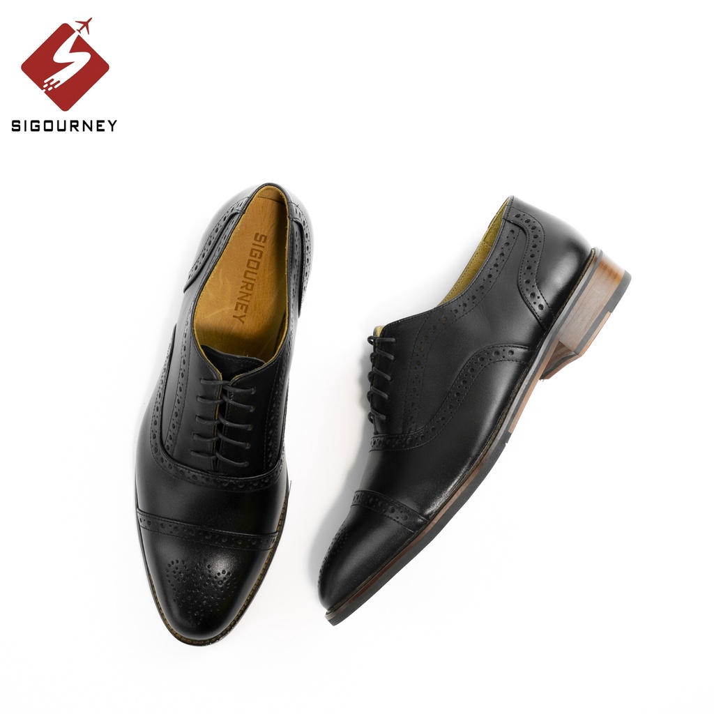 Giày Tây Nam Đế Phíp Gỗ Cao Cấp Họa Tiết Đục Lỗ Brogues SIGOURNEY Màu Đen Trơn SCC-03 Bảo Hành 18 Tháng