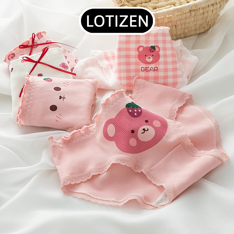 Quần lót nữ cute gân tăm viền ren mặt gấu đáng yêu 369