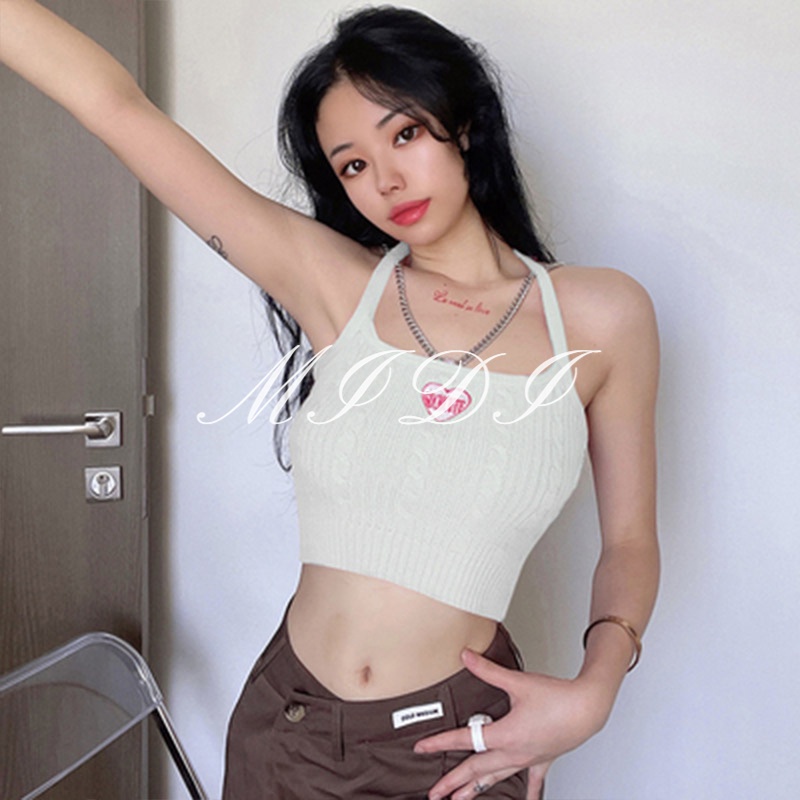 Mi Áo Yếm Hở Lưng Thêu Họa Tiết Phối Dây Xích Thời Trang Cho Nữ