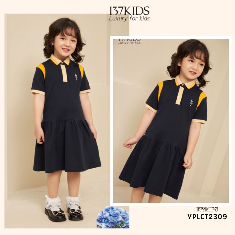 Váy polo cộc tay xanh than kẻ sọc tay 137kids năng động thoáng mát cho bé gái VPLCT2312