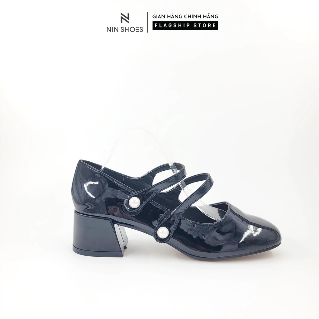 Giày cao gót Ninshoes 3 Phân đế vuông mũi tròn quai ngang đính ngọc
