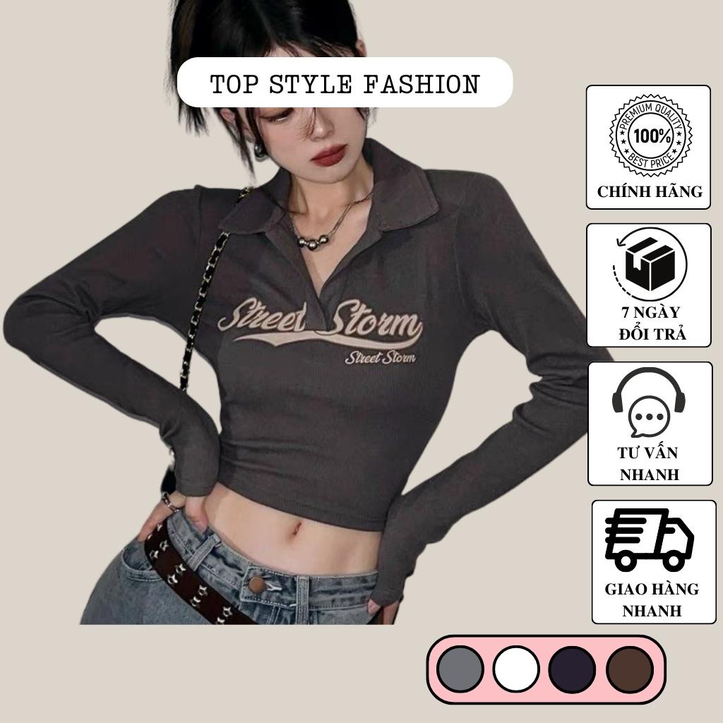 Áo croptop dài tay phối cổ sơ mi in chữ lớn, áo kiểu nữ ôm body siêu tôn dáng-A34