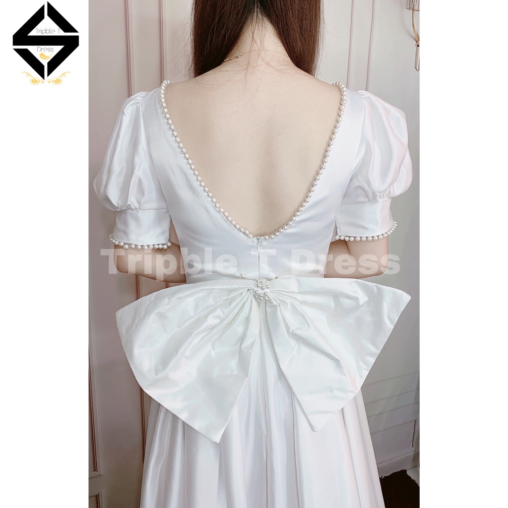 Đầm maxi cưới TRIPBLE T DRESS cổ U tay ngắn phồng hở lưng kết viền ngọc - size S/M/L - MS273Y
